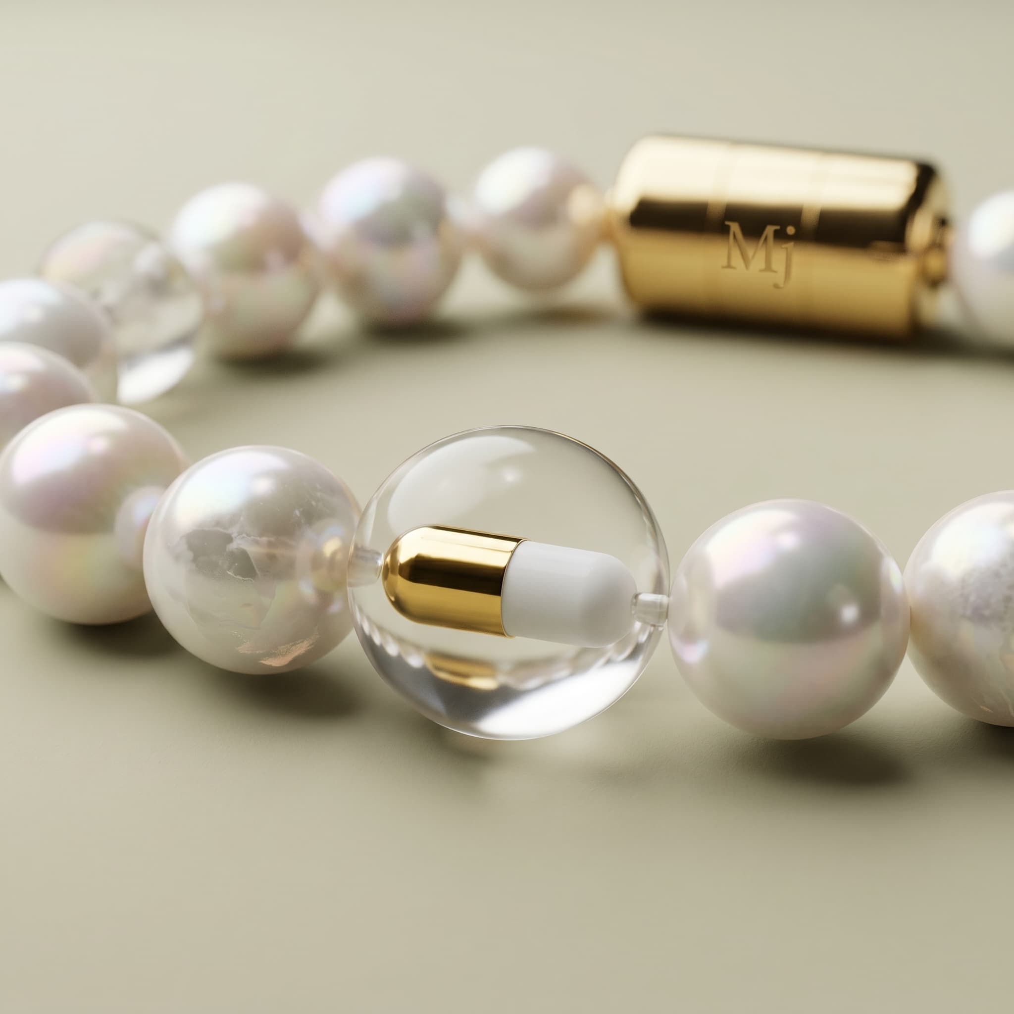 Close-up of the MEDIJEWEL bracelet: translucent beads, one holding a single dose, beside the engraved cylindrical clasp.